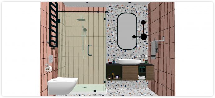 玻璃淋浴房水磨石洗手间墙面现代北欧浴室卫生间su模型_图1