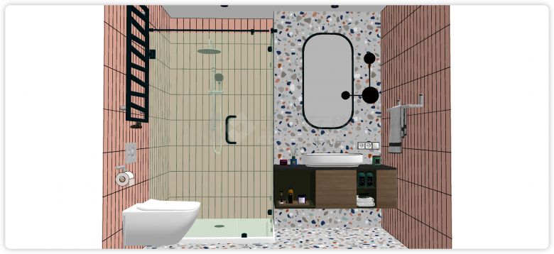 玻璃淋浴房水磨石洗手间墙面现代北欧浴室卫生间su模型-图一