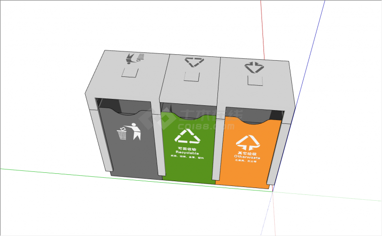 通过灰色绿色橙色作为功能区分矩形垃圾箱su模型-图二