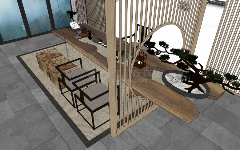 中式长形大木板盆景木凳饮茶室su模型-图二