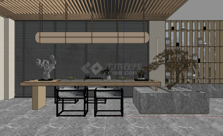 鹅卵石枯松树盆景木质长桌新中式茶室su模型-图一