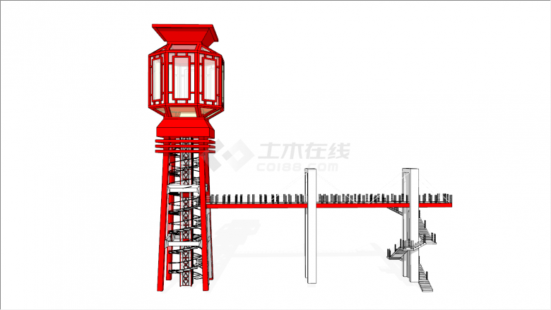 红色外观旋转楼梯瞭望塔建筑物su模型-图二