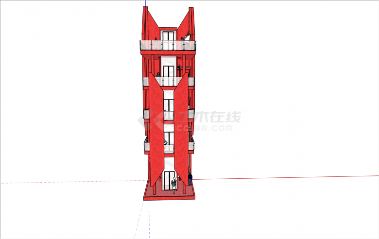 红色多层现代风格瞭望塔su模型-图二