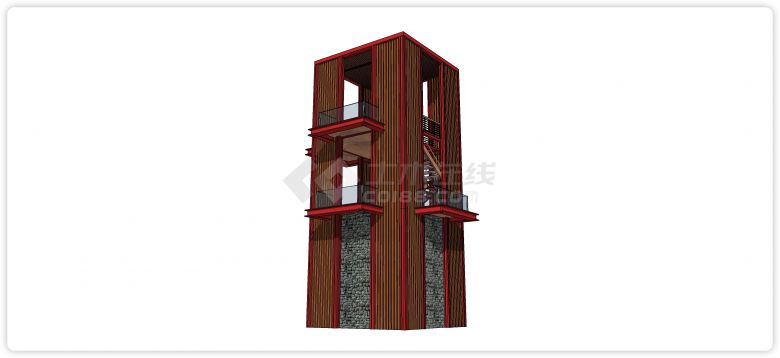 石头底座红色钢筋结构三层瞭望塔su模型-图二