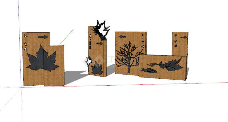 木质的雕刻春夏秋冬相对应的景观的入口标识su模型-图一