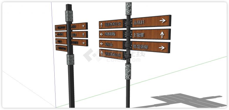 黑色钢柱子木板浮雕字指示牌入口标识su模型-图二