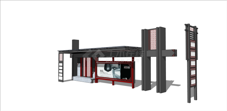 现代红色广告栏公交车站 su模型-图一