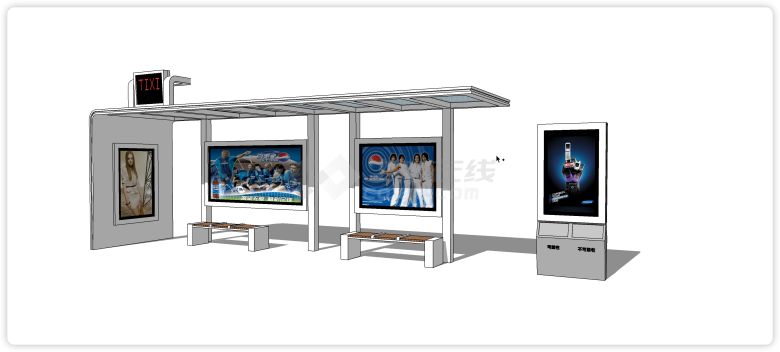 白色钢结构广告牌现代公交车站su模型-图一