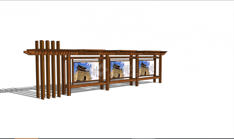 带有古代建筑图案的棕色木质的现代公交车站 su模型-图二