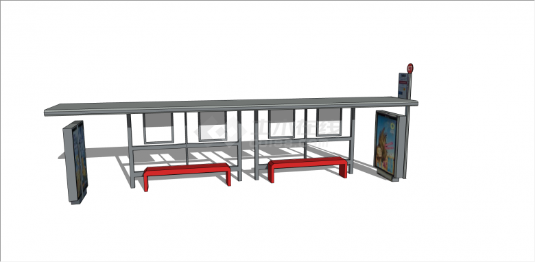 现代红色长椅公交车站su模型-图二