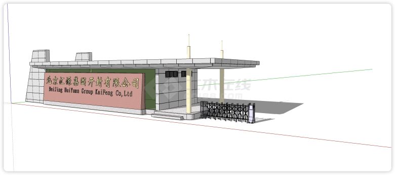 白色矩形砖绿色玻璃主体厂区学校大门入口su模型-图二