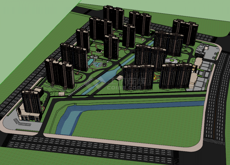 新中式高层小区_居住区景观su模型-图二