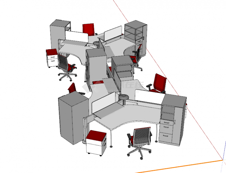 灰色红色现代办公桌su模型-图二