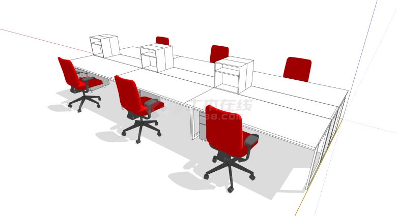 红色办公座椅面对面3连排带桌面文件柜办公桌su模型-图二
