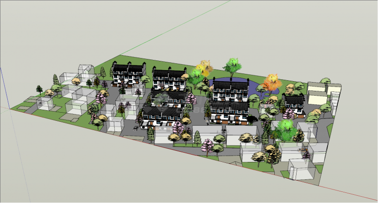 带前院池塘和多种树木小区楼盘 su模型-图二