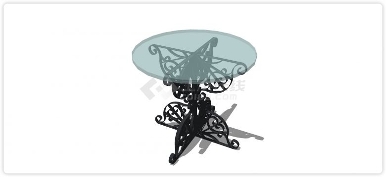 欧式雕花铁艺桌脚圆形玻璃餐桌su模型-图一