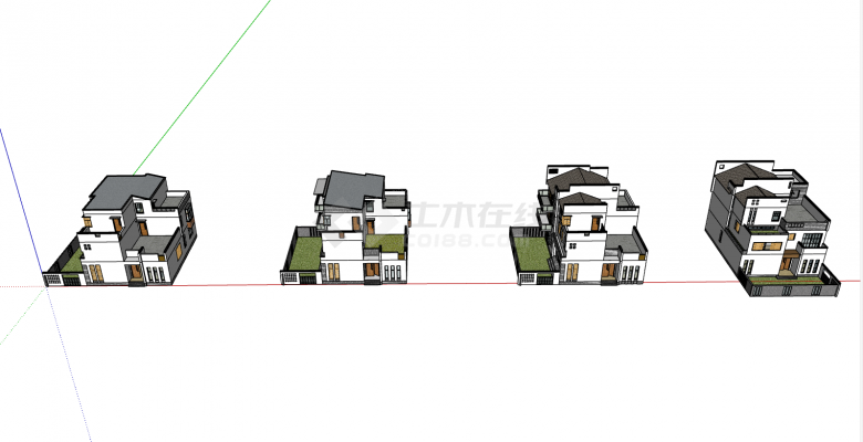 四栋三层的白色墙身的带小院的现代民宿su模型-图二
