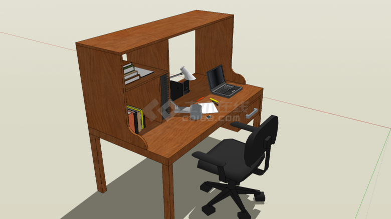 书桌木制单抽屉双层书架su模型-图二