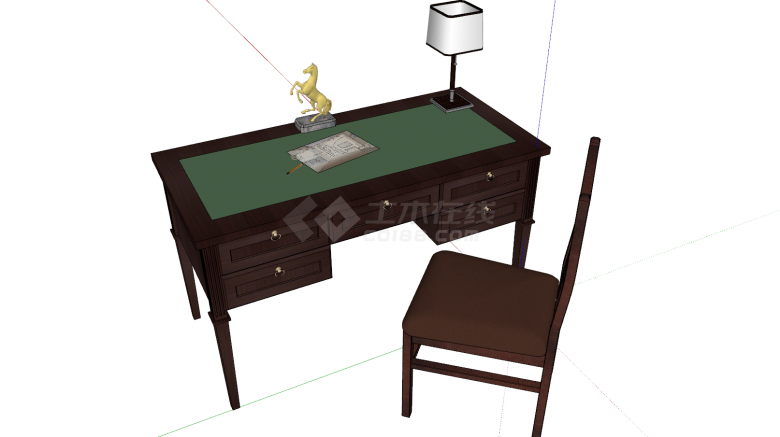 书桌木制桌椅绿色桌面su模型-图一