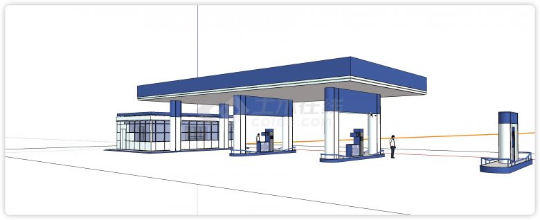 蓝白色主题带小超市加油（气）站su模型-图一