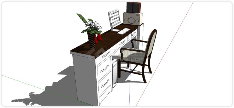 中式白色柜体胡桃木桌面书桌su模型-图二