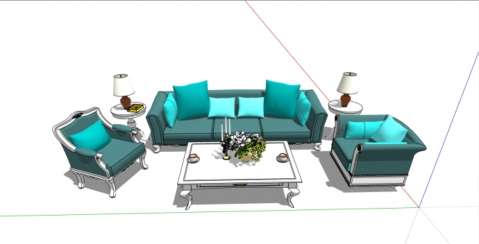 绿色的带白色的茶几的沙发su模型_图1