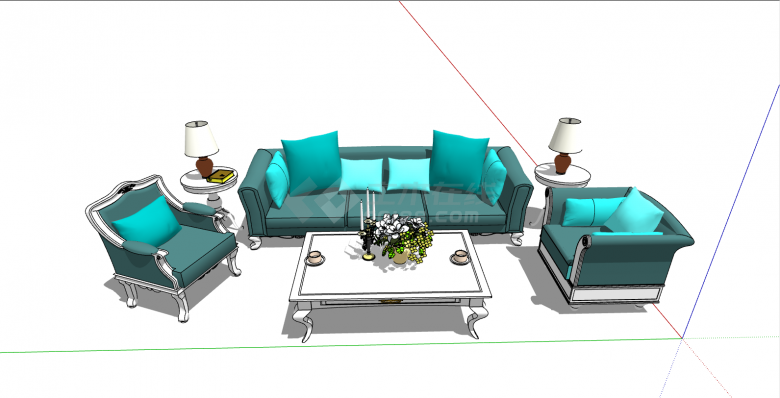 绿色的带白色的茶几的沙发su模型-图一
