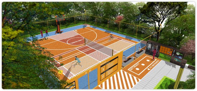 橙色羽毛球篮球场户外篮球场健身馆su模型_图1