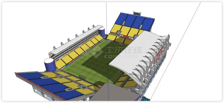 蓝色黄色观众席足球场户外球场su模型-图二