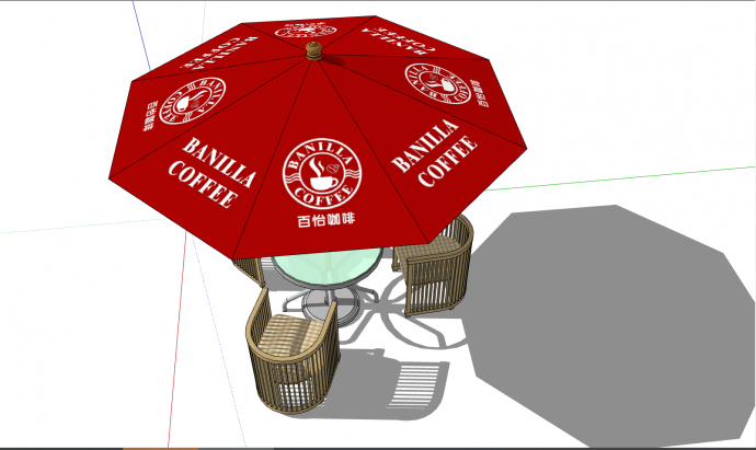带有红色遮阳伞的木质的室外桌椅 su模型_图1