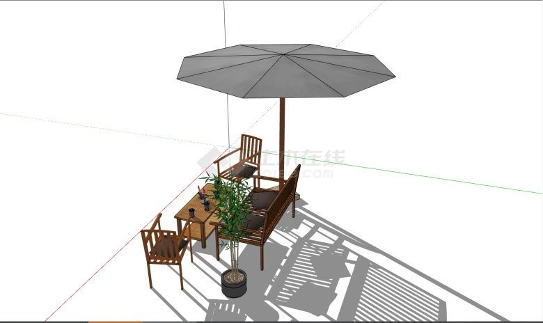 带有绿色植物的木质的室外桌椅 su模型-图一