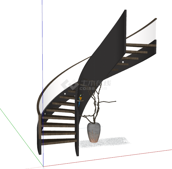 现代木制转弯上下楼梯 su模型-图一
