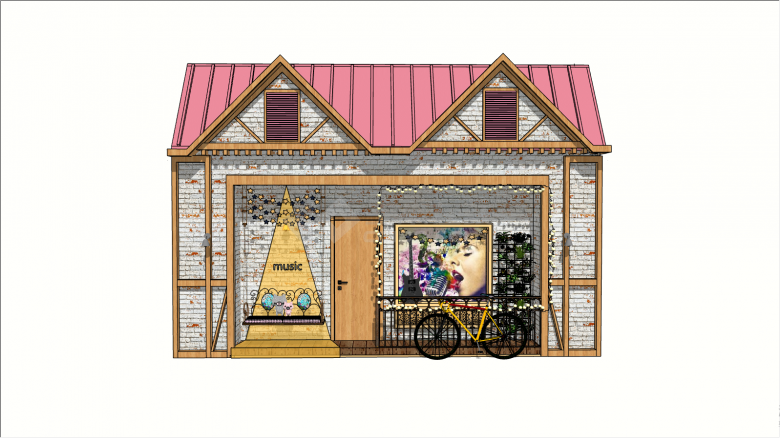 粉色屋顶的带自行车的网红风格橱窗su模型-图二