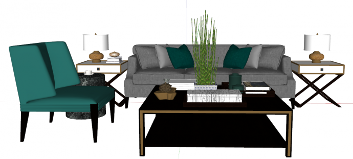 都有一个方形黑色大桌子和绿色单椅的沙发 su模型_图1