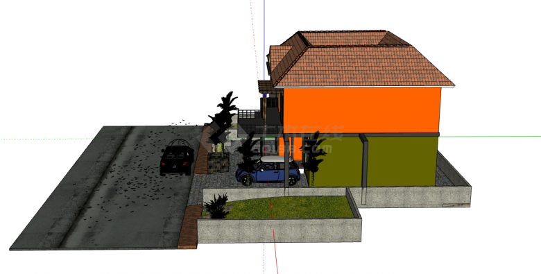 两侧带了草坪的现代民宿su模型-图二