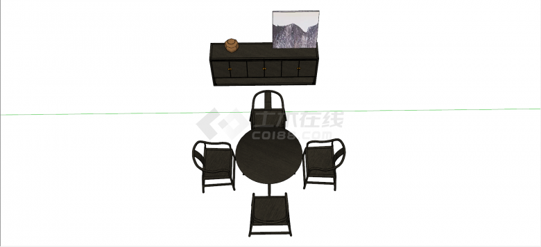 新中式黑色圆形榆木实木餐桌组合su模型-图二