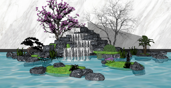 新中式公园瀑布水幕su模型_图1