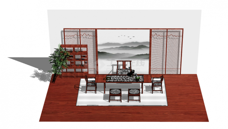   现代中式4座桌椅组合su模型-图二