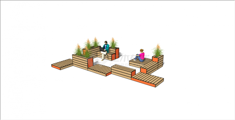 生长着茂盛花朵的长条木板组成的创意坐凳su模型-图一