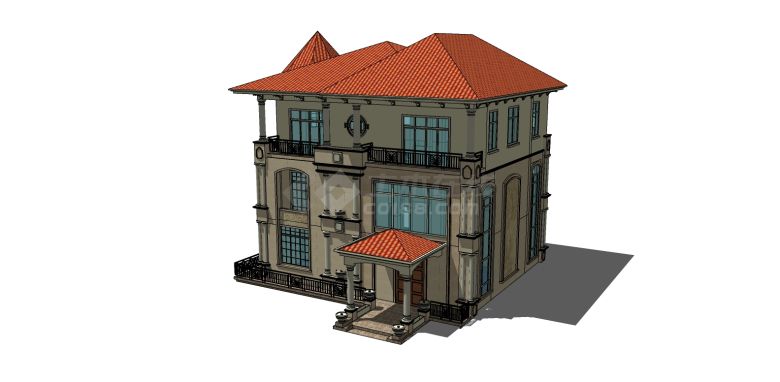 三层坡屋顶欧式精美别墅su模型-图二