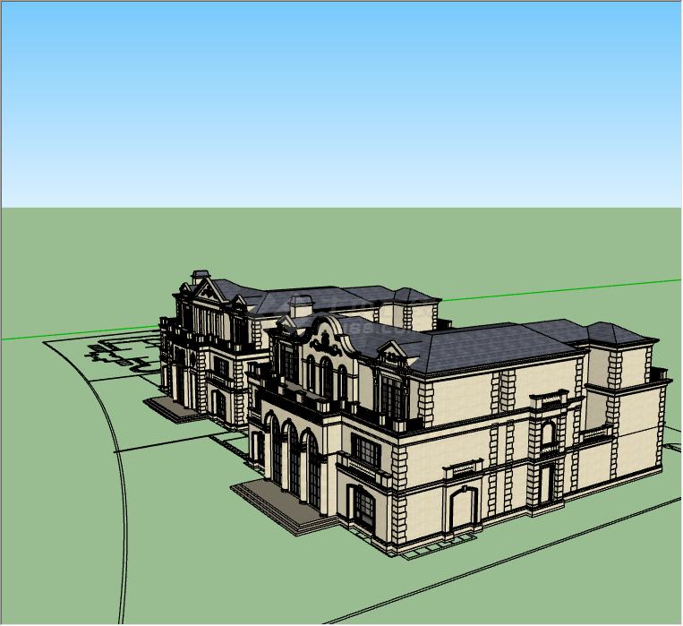 灰色房顶的房檐带浮雕的别墅su模型-图二