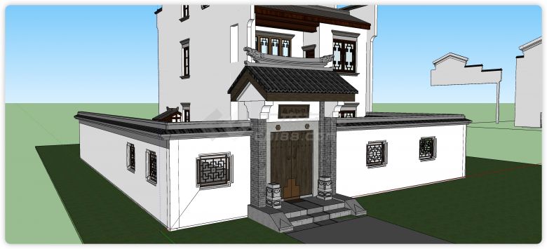 中式雕花琉璃门别墅su模型-图二