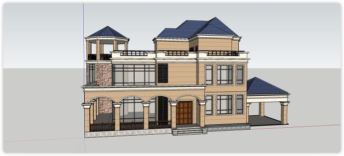 民国风蓝色瓦顶黄色主体别墅su模型_图1