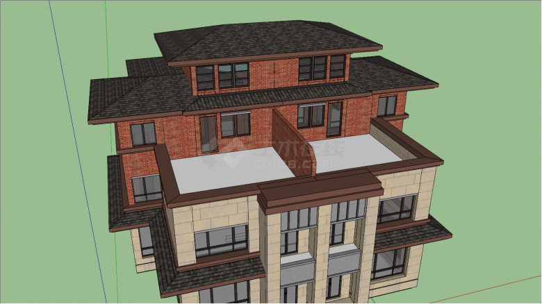 棕色屋顶美式别墅su模型-图二