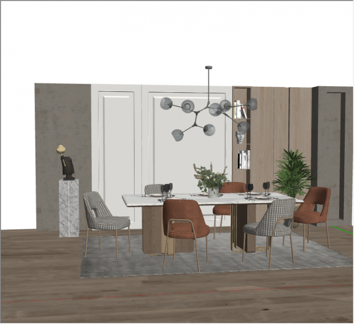 带灰色地毯的带吊灯的现代餐厅家具su模型_图1