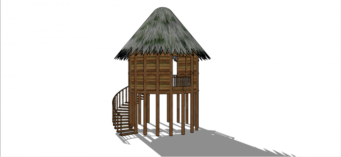 中式日式木质旋转楼梯小型茅草屋su模型_图1