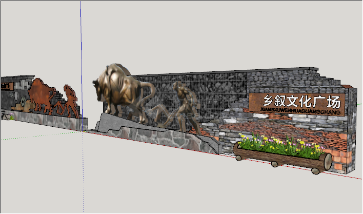 新中式灰色农耕文化广场装饰墙su模型-图二