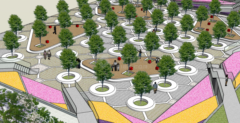 圆形绿树广场公园su模型-图二