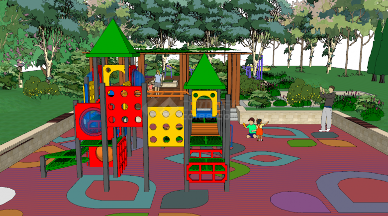带有儿童乐园凉亭的广场公园su模型-图一