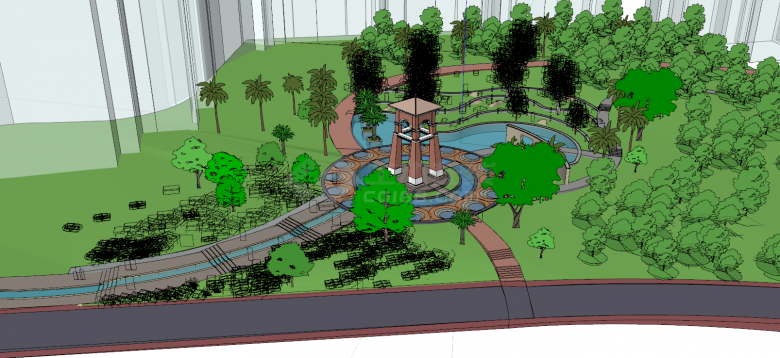 带有小路假山树木丛林的广场公园su模型-图二